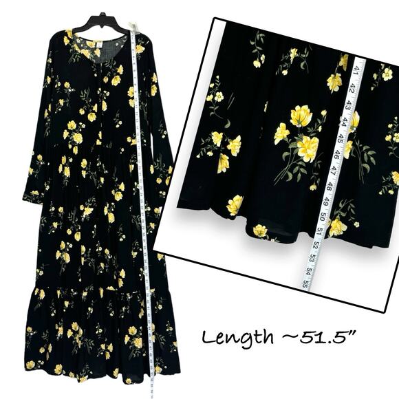 Old Navy Tiered Floral Maxi Dress M Black Pockets Prairie Dark Cottagecore Boho - Picture 10 of 15